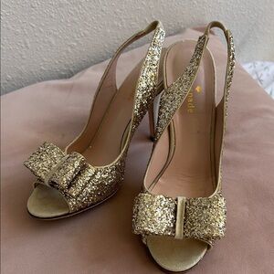kate spade Gold Glitter Slingback Peep-Toe Heels with Bow Accent